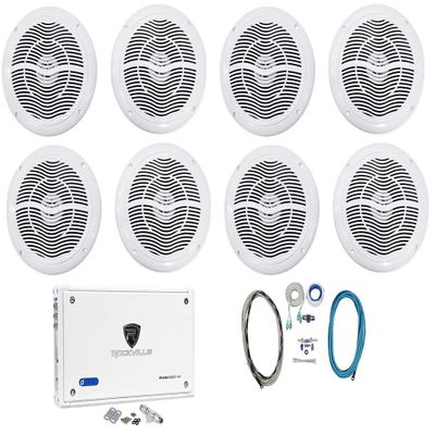 Rockville RMC65W Bundle: (8) 6.5" 600 Watt Waterproof Marine Boat Speakers 2-Way White, RXM8BTW 8 Channel 1500 Watt Amplifier with Bluetooth, RMWK4 4 AWG Amp Install Wire Kit, 10-Items