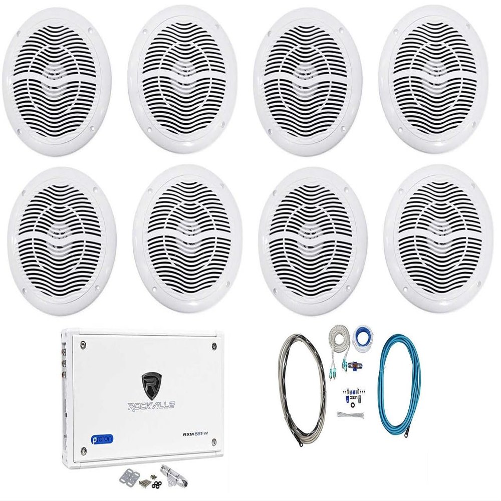 Rockville RMC65W Bundle: (8) 6.5" 600 Watt Waterproof Marine Boat Speakers 2-Way White, RXM8BTW 8 Channel 1500 Watt Amplifier with Bluetooth, RMWK4 4 AWG Amp Install Wire Kit, 10-Items