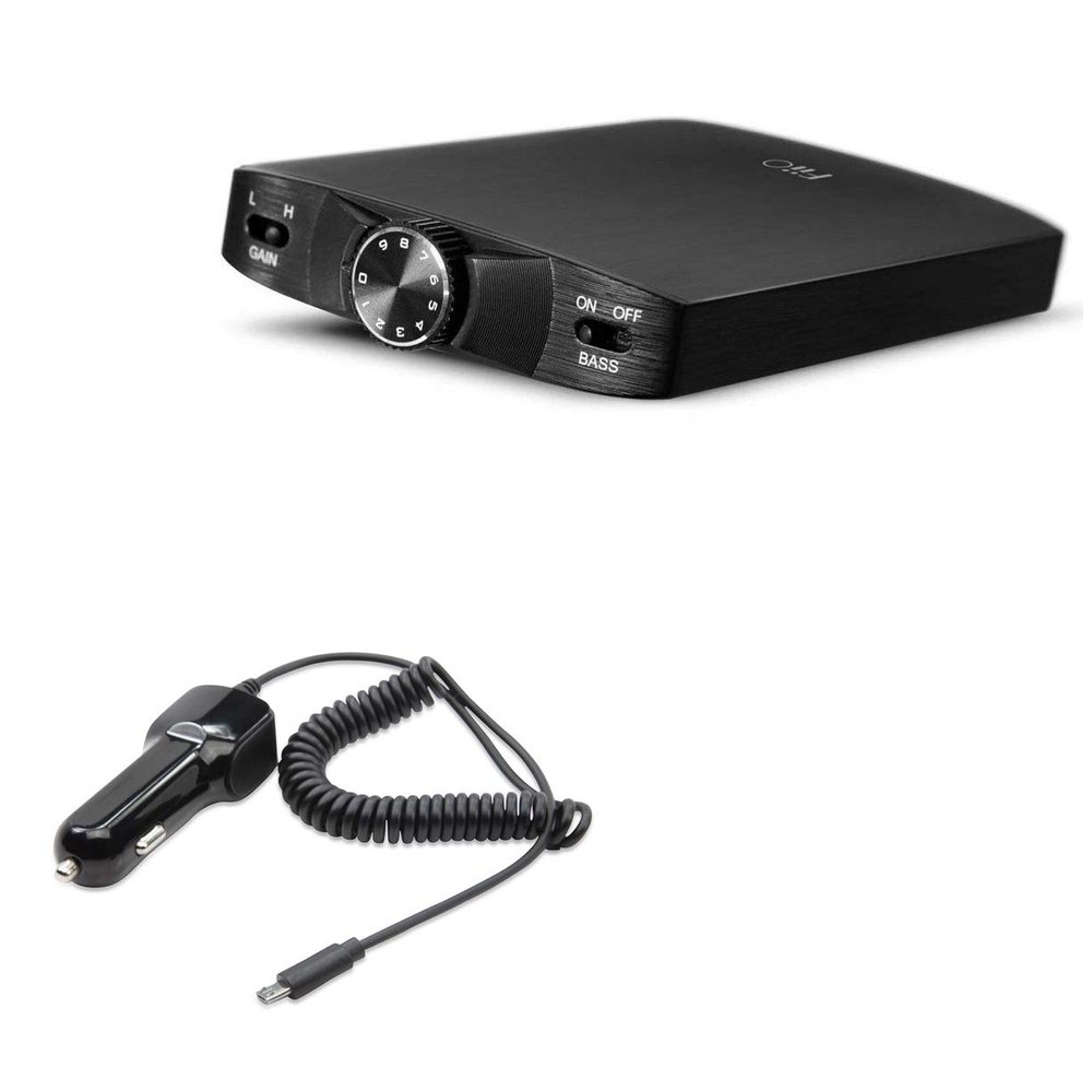 BoxWave Car Charger Compatible with FiiO A3 Portable Headphone Amplifier - Car Charger Plus, with Extra USB Port and Integrated Built-in Cable - Black