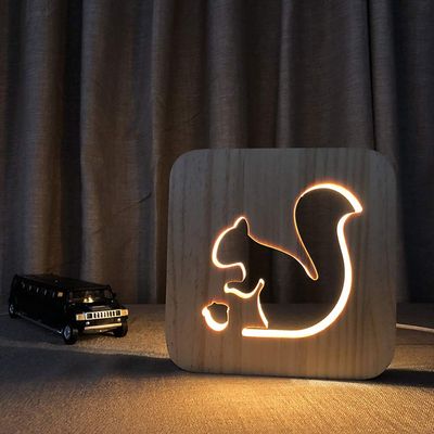 WALKKING WAYS Creative Wood Lamp, LED Night Light/3D Wood Carving Squirrel Pattern USB Portative Mood Lamp for Bedroom Living Room Nightstand