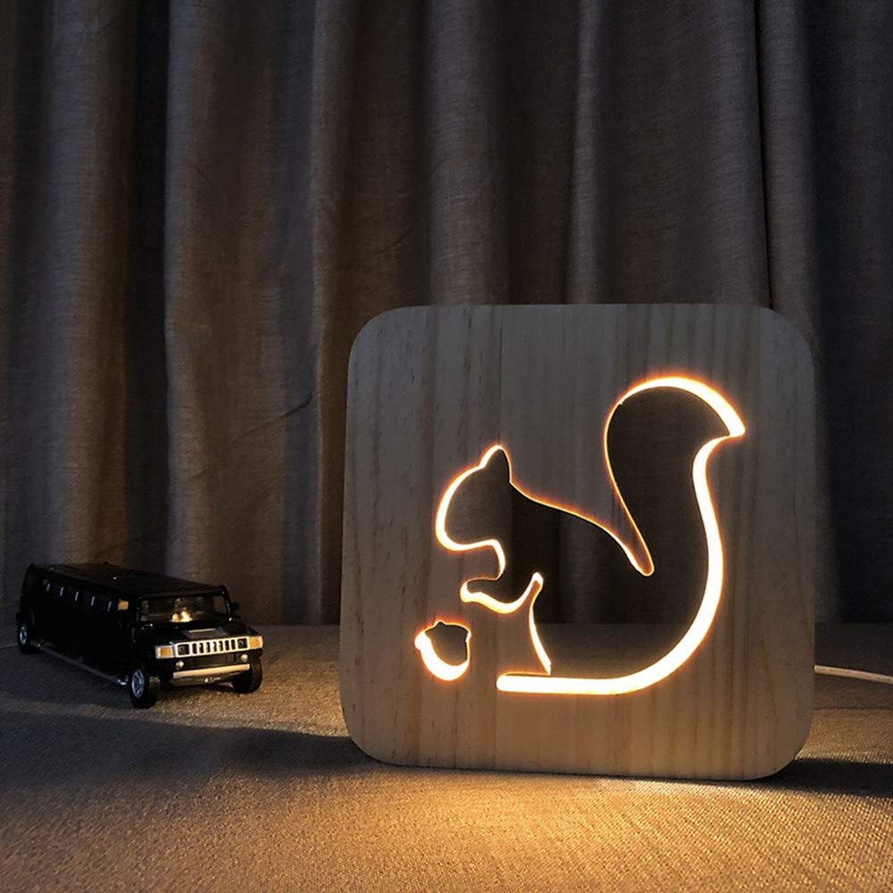 WALKKING WAYS Creative Wood Lamp, LED Night Light/3D Wood Carving Squirrel Pattern USB Portative Mood Lamp for Bedroom Living Room Nightstand