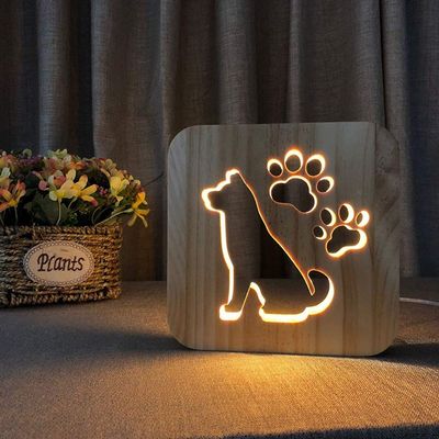 WALKKING WAYS Creative Wood Lamp, LED Night Light/3D Wood Carving Dog Pattern USB Portative Mood Lamp for Bedroom Living Room Nightstand