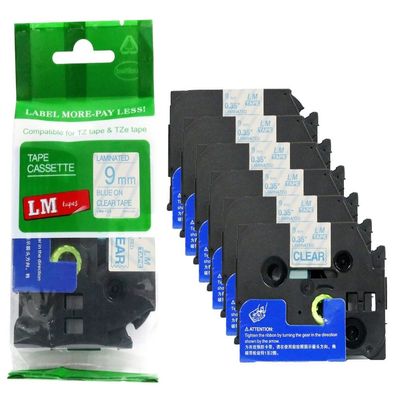 6/Pack LM Tapes - LMe-123 Premium 3/8" Blue Print on Clear Label Compatible with Brother TZe123 Tape and Includes Tape Color/Size Guide. Replaces TZ-123 9mm 0.35 Laminated.