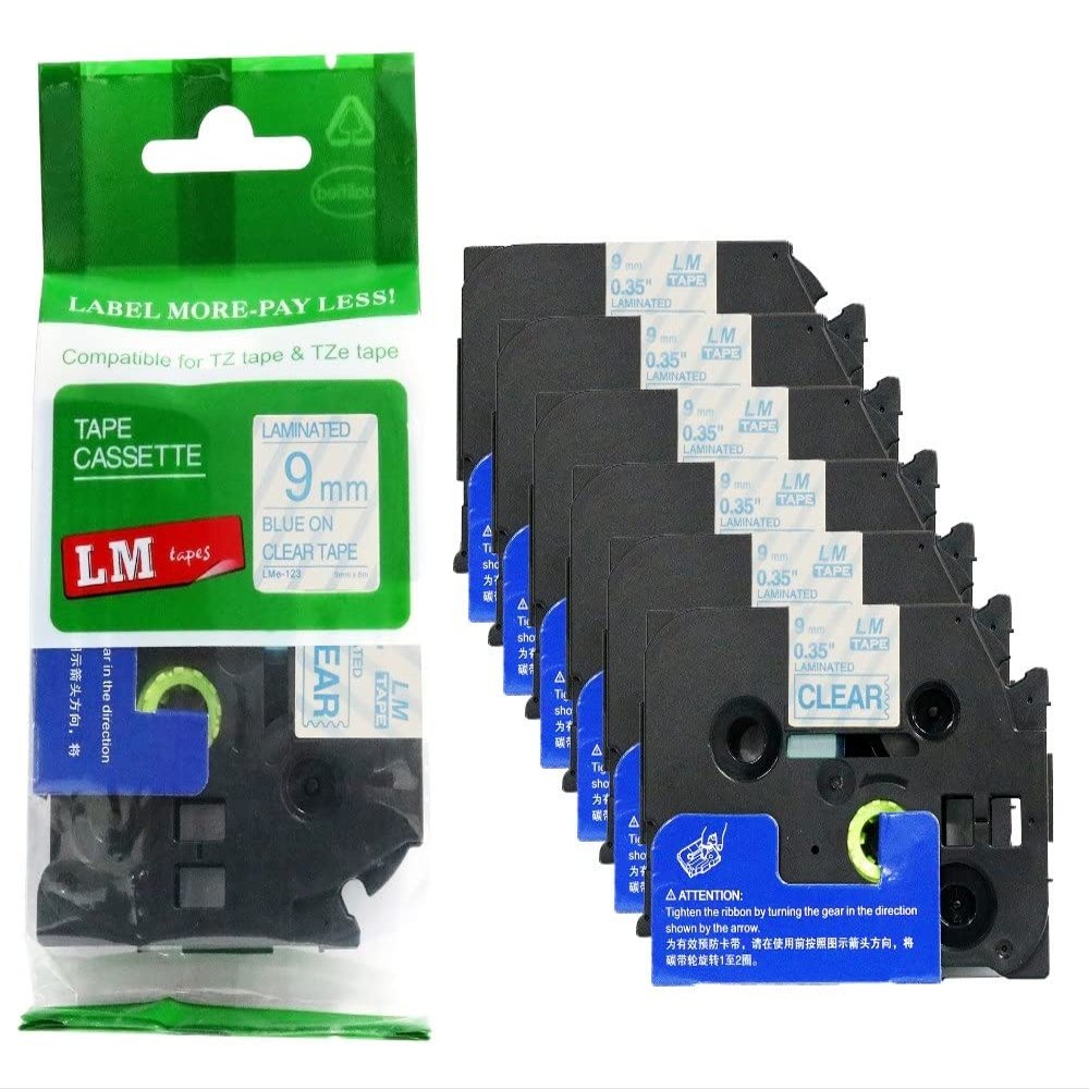 6/Pack LM Tapes - LMe-123 Premium 3/8" Blue Print on Clear Label Compatible with Brother TZe123 Tape and Includes Tape Color/Size Guide. Replaces TZ-123 9mm 0.35 Laminated.
