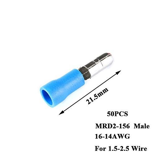 Davitu 50pcs/lot Male Female Bullet Connector Crimp Terminals Wiring For 22-16AWG 16-14AWG 0.5-1.5/1.5-2.5 Wire - (Color: MRD2-156 male)