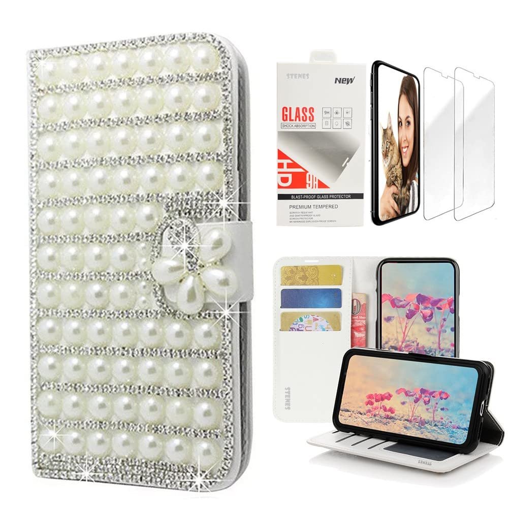STENES Bling Wallet Case Compatible with LG K20 - Stylish - 3D Handmade Pearl Lattice Flowers Design Leather Case with Wrist Strap & Screen Protector [2 Pack] - White