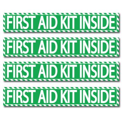 (4 pack) First Aid Kit Inside Stickers 1.5" x 9" Self Adhesive Industrial Vinyl Decal Signs For Trucks, Equipment, or Business