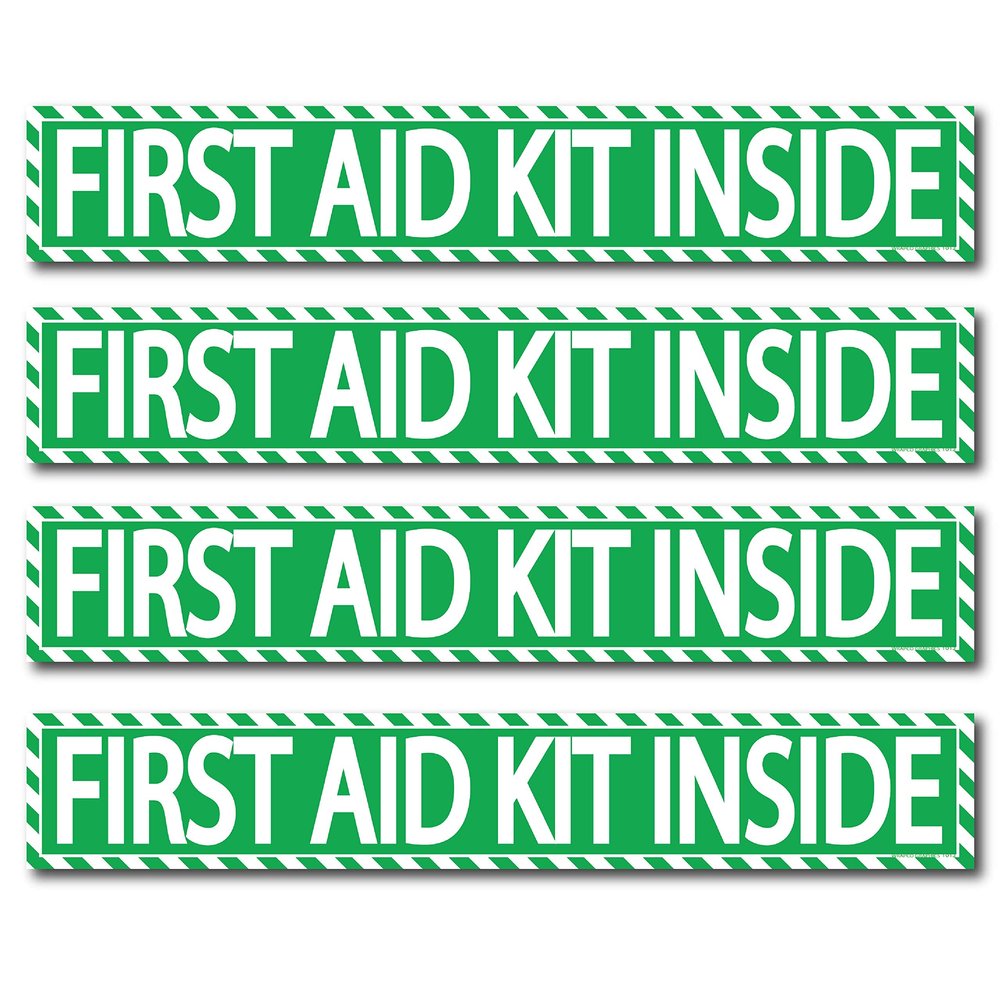 (4 pack) First Aid Kit Inside Stickers 1.5" x 9" Self Adhesive Industrial Vinyl Decal Signs For Trucks, Equipment, or Business