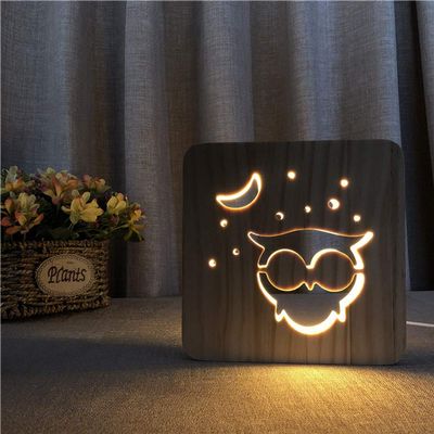 WALKKING WAYS Creative Wood Lamp, LED Night Light/3D Wood Carving Owl Pattern USB Portative Mood Lamp for Bedroom Living Room Nightstand