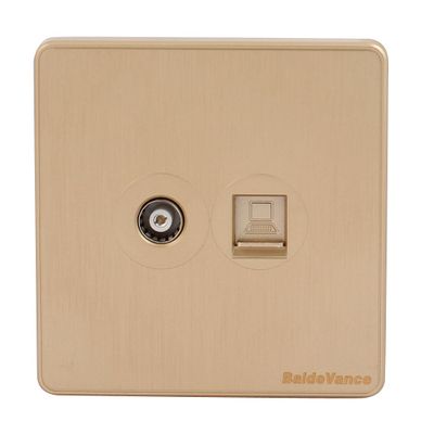 Aexit Compter + Distribution electrical Cable TV 2 Port Socket Outlet Wall Plate Golden Tone 86mmx86mm