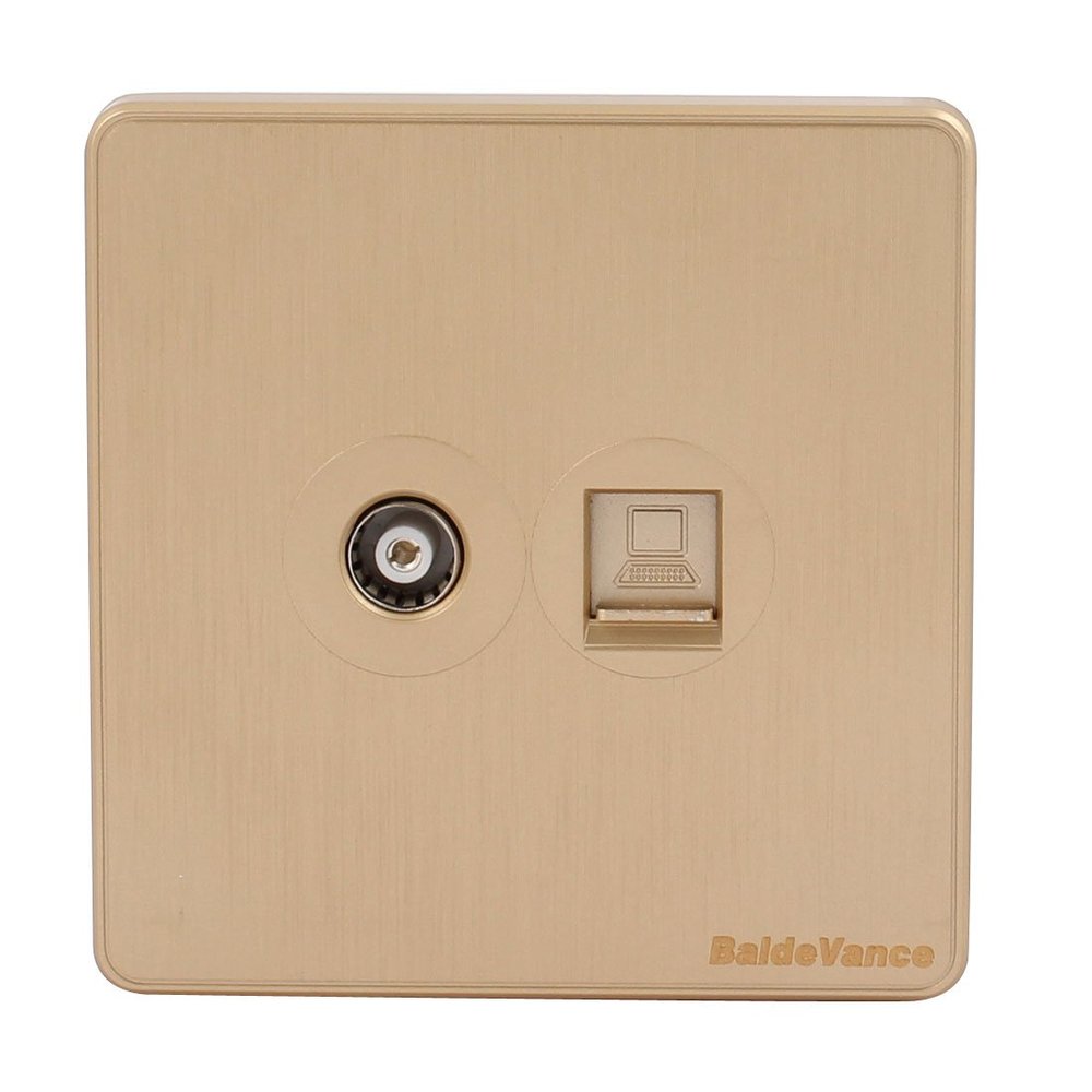 Aexit Compter + Distribution electrical Cable TV 2 Port Socket Outlet Wall Plate Golden Tone 86mmx86mm