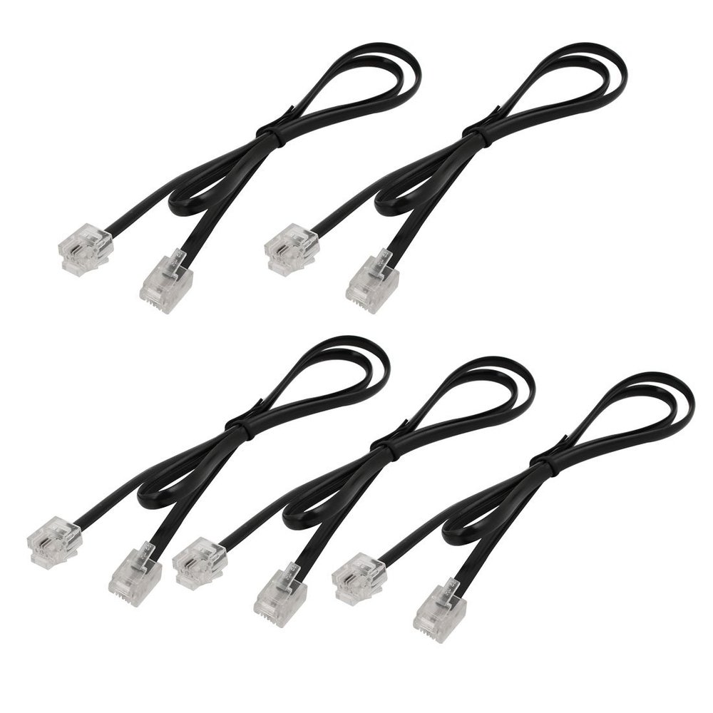Aexit 5PCS RJ11 Transmission 6P2C Telephone Phone Line Extension Cord Cable Black 0.5M Length