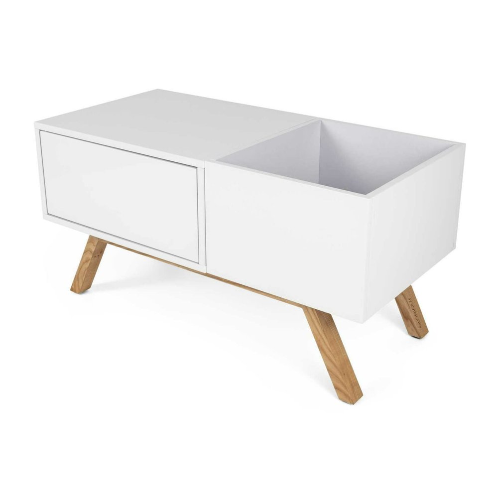 Glorious Turntable Lowboard, Solid Ashwood featuring 60s Retro Design with Closed-Front Compartment, Shock-Absorbent Rubber Feet and High-Gloss Finish (White)