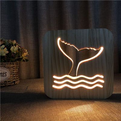 WALKKING WAYS Creative Wood Lamp, LED Night Light/3D Wood Carving Whale Tail Pattern USB Portative Mood Lamp for Bedroom Living Room Nightstand