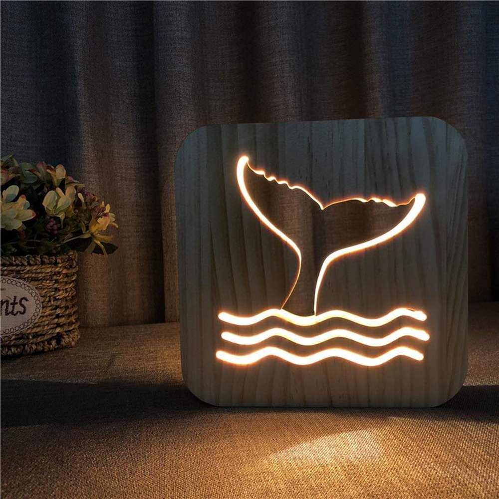 WALKKING WAYS Creative Wood Lamp, LED Night Light/3D Wood Carving Whale Tail Pattern USB Portative Mood Lamp for Bedroom Living Room Nightstand