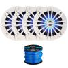 4 x EnrockMarine 6.5" 2-Way 180W Marine Loudspeakers feat. Blue LED Light Flashing with Music (White), Enrock Marine-Grade 50Ft. 16-Gauge Tinned Speaker Wire view 1