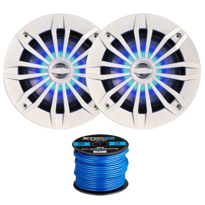 2 x EnrockMarine 6.5" 2-Way 200W Marine Loudspeakers feat. Blue LED Light Flashing with Music (White), Enrock Marine-Grade 50Ft. 16-Gauge Tinned Speaker Wire