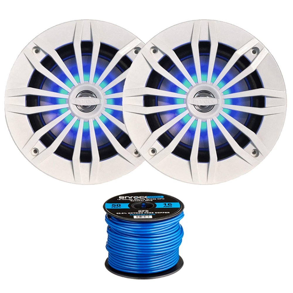 2 x EnrockMarine 6.5" 2-Way 200W Marine Loudspeakers feat. Blue LED Light Flashing with Music (White), Enrock Marine-Grade 50Ft. 16-Gauge Tinned Speaker Wire