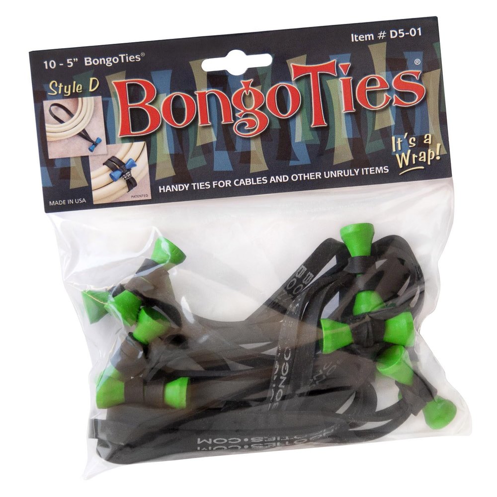 BongoTies GREEN & BLACK "Tree Frog" Bongo Ties - 10 Pack "Style-D" ~ Professional cable ties made of natural rubber and bamboo ~ HANDY TIES FOR CABLES AND OTHER UNRULY ITEMS