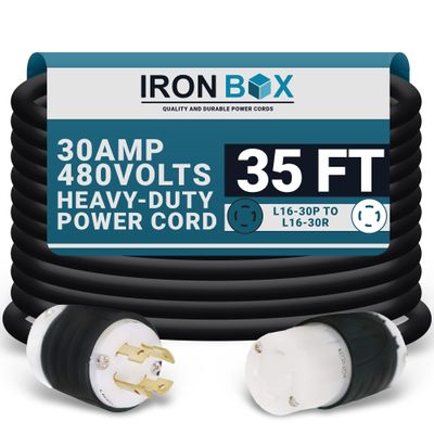 IronBox Electric NEMA L16-30 Plug & Connector Twist Lock Extension Power Cord - 30 Amp, 480V, 8/4 SOOW - Heavy Duty Electrical Adapter - UL Listed Power Generator Cable for Data Centers & More (35 ft)