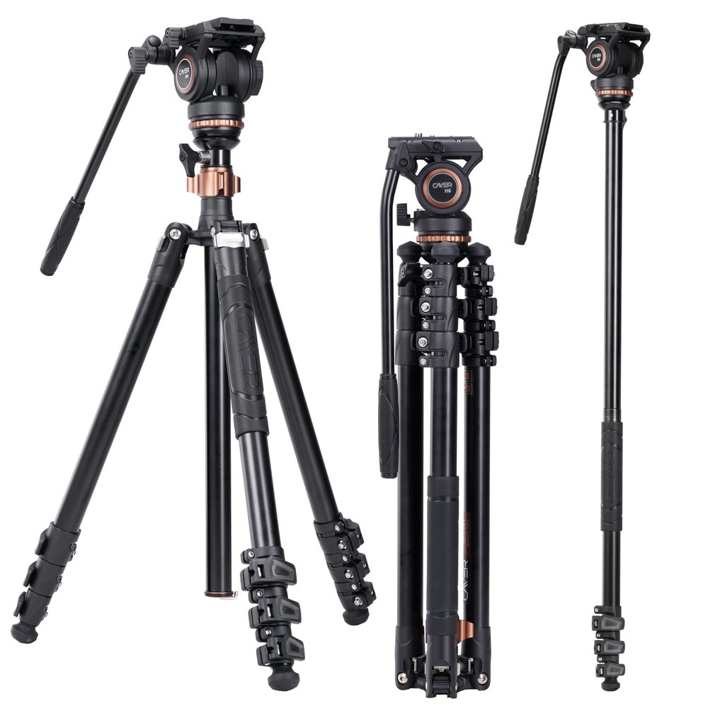 Cayer AF2451 Video Tripod with Fluid Head, 74.6" Convertible Aluminum Tripod to Monopod, 13.2 lbs Payload, Half Ball Leveling Base for DSLR Cameras and Video Recording