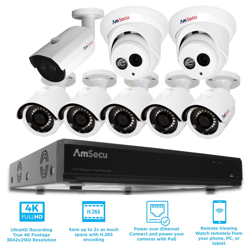 AmSecu 16CH 4K 8MP POE H.265 NVR & 5pcs 3.6mm 4K/8MP Bullet Camera + 2pcs 2.8mm 4K/8MP Turret Camera + 1pcs 2.8mm 4K/8MP Zoom Bullet Camera + 4TB Hard Drive Kit