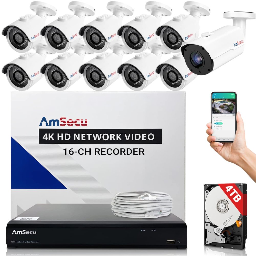 AmSecu 16CH 4K 8MP POE H.265 NVR & 10pcs 3.6mm 4K/8MP Bullet Camera + 1pcs 2.8mm 4K/8MP Zoom Bullet Camera + 4TB Hard Drive Kit 