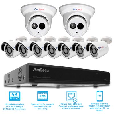 AmSecu 16CH 4K 8MP POE H.265 NVR & 7pcs 3.6mm 4K/8MP Bullet Camera + 2pcs 2.8mm 4K/8MP Turret Camera + 4TB Hard Drive Kit