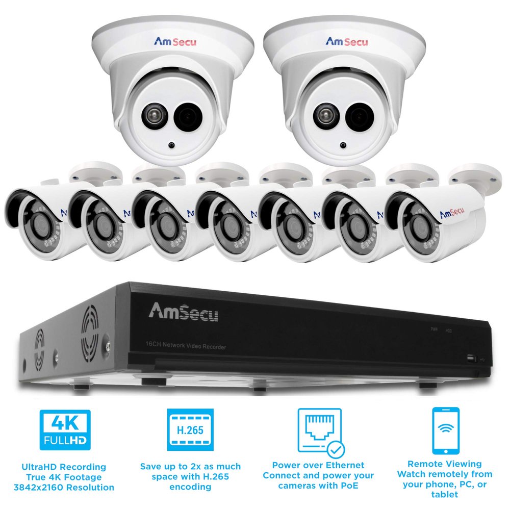 AmSecu 16CH 4K 8MP POE H.265 NVR & 7pcs 3.6mm 4K/8MP Bullet Camera + 2pcs 2.8mm 4K/8MP Turret Camera + 4TB Hard Drive Kit