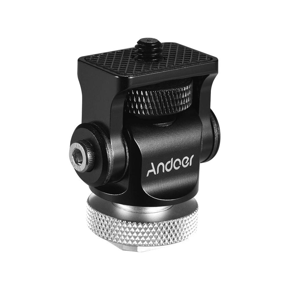 Andoer 180 Ball Joint Hot Shoe Mount Adapter 1/4 Inch Screw with Key for DSLR Camera LED Microphone (Silver)