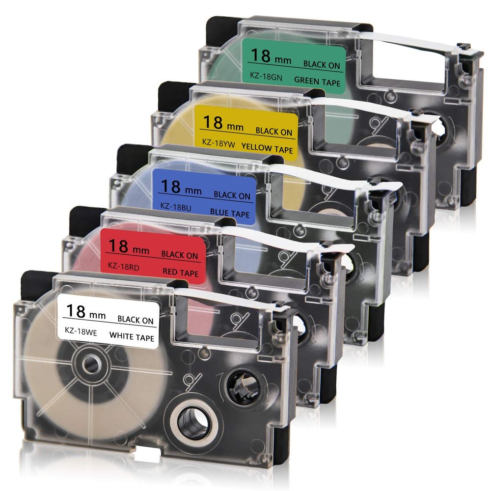 Absonic 5-Pack Compatible 18mm Label Tape Replacement for Casio XR-18WE XR-18RD XR-18BU XR-18YW XR-18GN 18mm 0.7" EZ Label Maker Tape for KL-120 KL-750 KL-780 KL-820 KL-7200 KL-8100, 3/4" x 26'