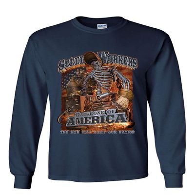Steel Workers Backbone of America Long Sleeve T-Shirt Welding Iron Metal Tee Navy Blue Large