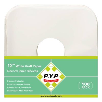 100ct 12-Inch Vinyl-Record Inner Sleeves - Made from Heavyweight White Kraft Paper, Album Covers with Round Corners for 33 RPM, Center Hole, Record Jackets to Protect The Collection of LPs & Singles