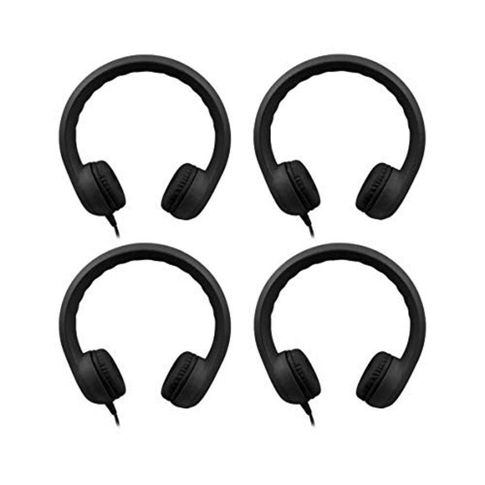 Black Flex-Phones Kids Headphones Set of 4 Durable EVA Foam Volume-Limiting Headphones, Safe 85 dB Sound for Young Ears, Nearly Indestructible, Non-Toxic & Flexible Ages 3+