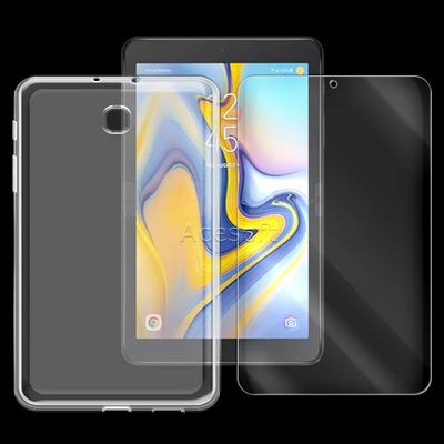 2in1 Kit Accessory Full Coverage Anti-Shatter Tempered Glass Screen Protector Film + Clear Soft Silicone Rubber Protective Case Cover Compatible with Samsung Galaxy Tab A 8.0" (2018) SM-T387V Tablet