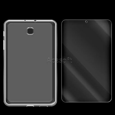 2.5D Rounded Edges Tempered Glass Screen Protector Film + Dustproof Transparent Crystal Soft TPU Full Edge Protective Case Cover Compatible with Samsung Galaxy Tab A 8.0 (2018) SM-T387A