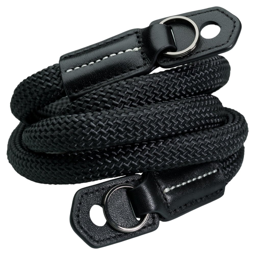 Vi Vante Sheetline Black Rope Camera Strap w/Nappa Leather Ends built in tension relief & electroplated key rings (Black w/White Stitching)