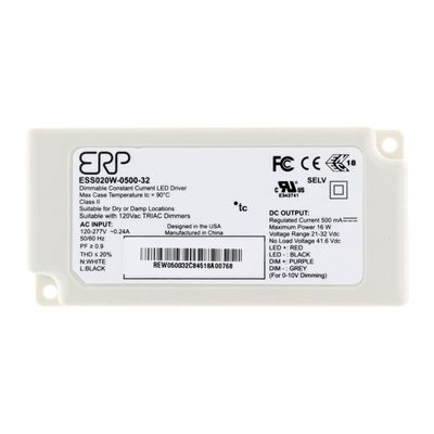 ERP ESS020W-0500-32 LED Power Supplies 120-277 Vac, 87% eff, Rectangular Plastic Case, Forward/Reverse Phase & 0-10V dimming, 1-100% dim Range, 16.0 W max, 500 mA Iout, 32 V max Vout