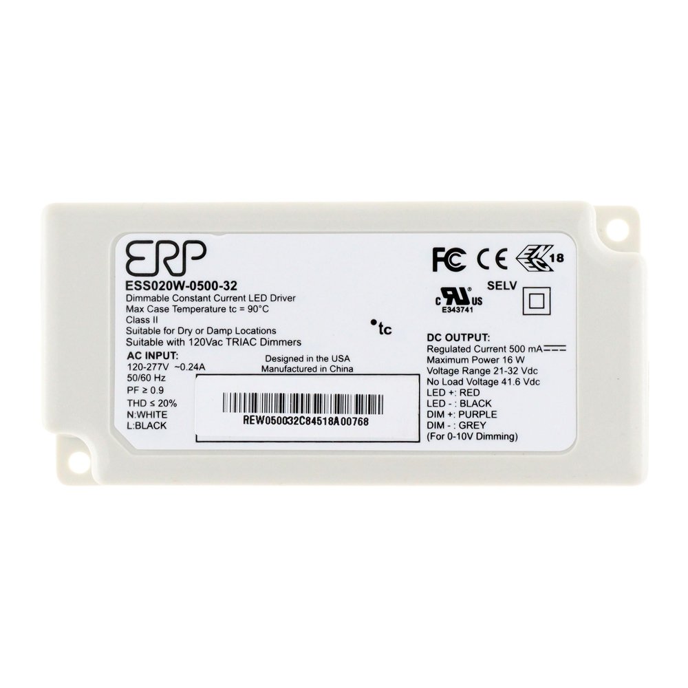 ERP ESS020W-0500-32 LED Power Supplies 120-277 Vac, 87% eff, Rectangular Plastic Case, Forward/Reverse Phase & 0-10V dimming, 1-100% dim Range, 16.0 W max, 500 mA Iout, 32 V max Vout