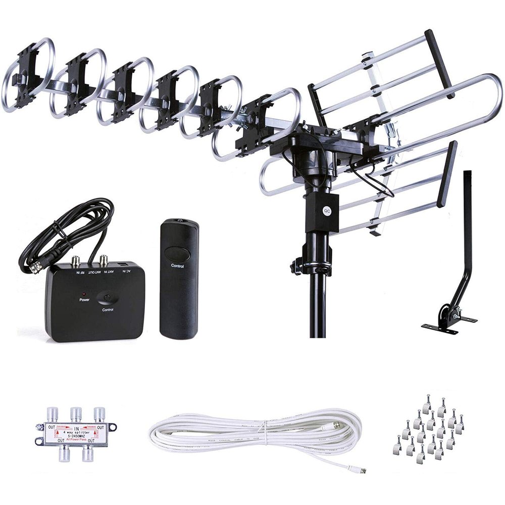 Five Star Outdoor HD TV Antenna Strongest Up to 200 Miles Long Range with Motorized 360 Degree Rotation, UHF/VHF/FM Radio Infrared Remote Control with Installation Kit and Jpole