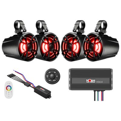NOAM NUTV5 Quad - Marine ATV/Golf Cart/UTV Stereo System kit  with 4 Waterproof LED Light Tower Speakers, Weatherproof Controller/Head Unit with Bluetooth and AUX Input and Four Channels Amplifier