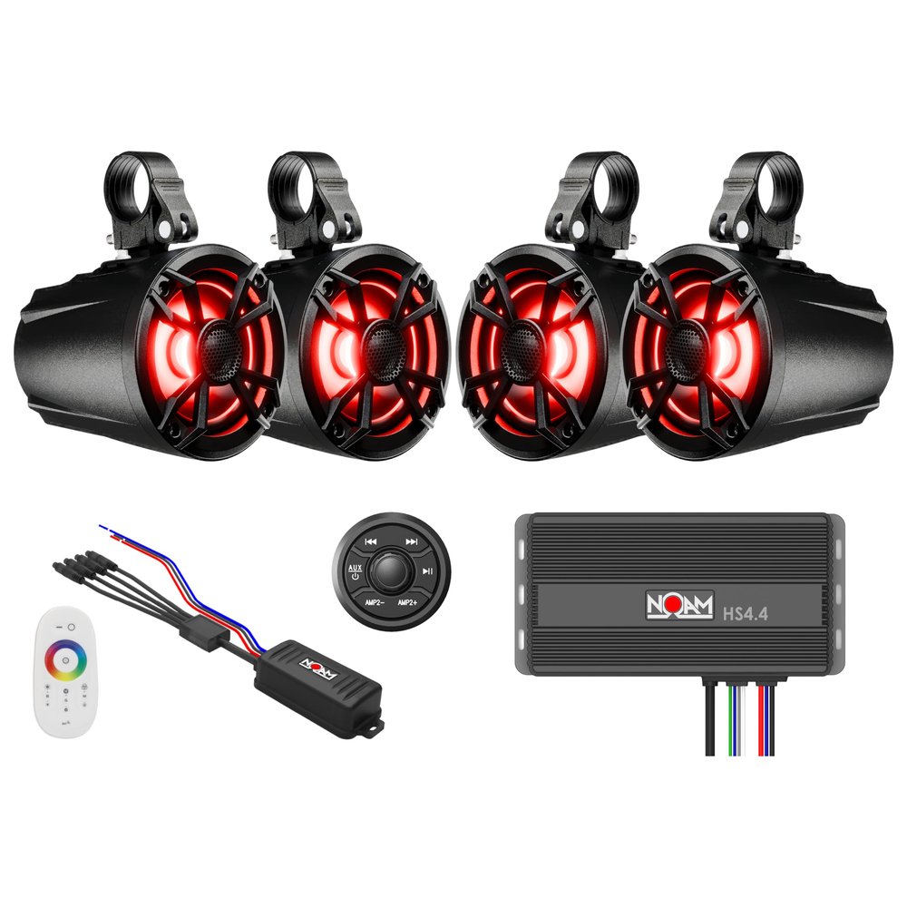 NOAM NUTV5 Quad - Marine ATV/Golf Cart/UTV Stereo System kit  with 4 Waterproof LED Light Tower Speakers, Weatherproof Controller/Head Unit with Bluetooth and AUX Input and Four Channels Amplifier