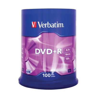 Verbatim DVD+R - 4.7GB 16X Burn Speed with Long Life and Scratch Protection - Pack of 100 Spindle - Matte Silver