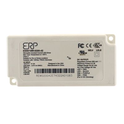 ERP ESS010W-0200-42 LED Power Supplies 120-277 Vac, 87% eff, Rectangular Plastic Case, Forward/Reverse Phase & 0-10V dimming, 1-100% dim Range, 8.4 W max, 200 mA Iout, 42 V max Vout