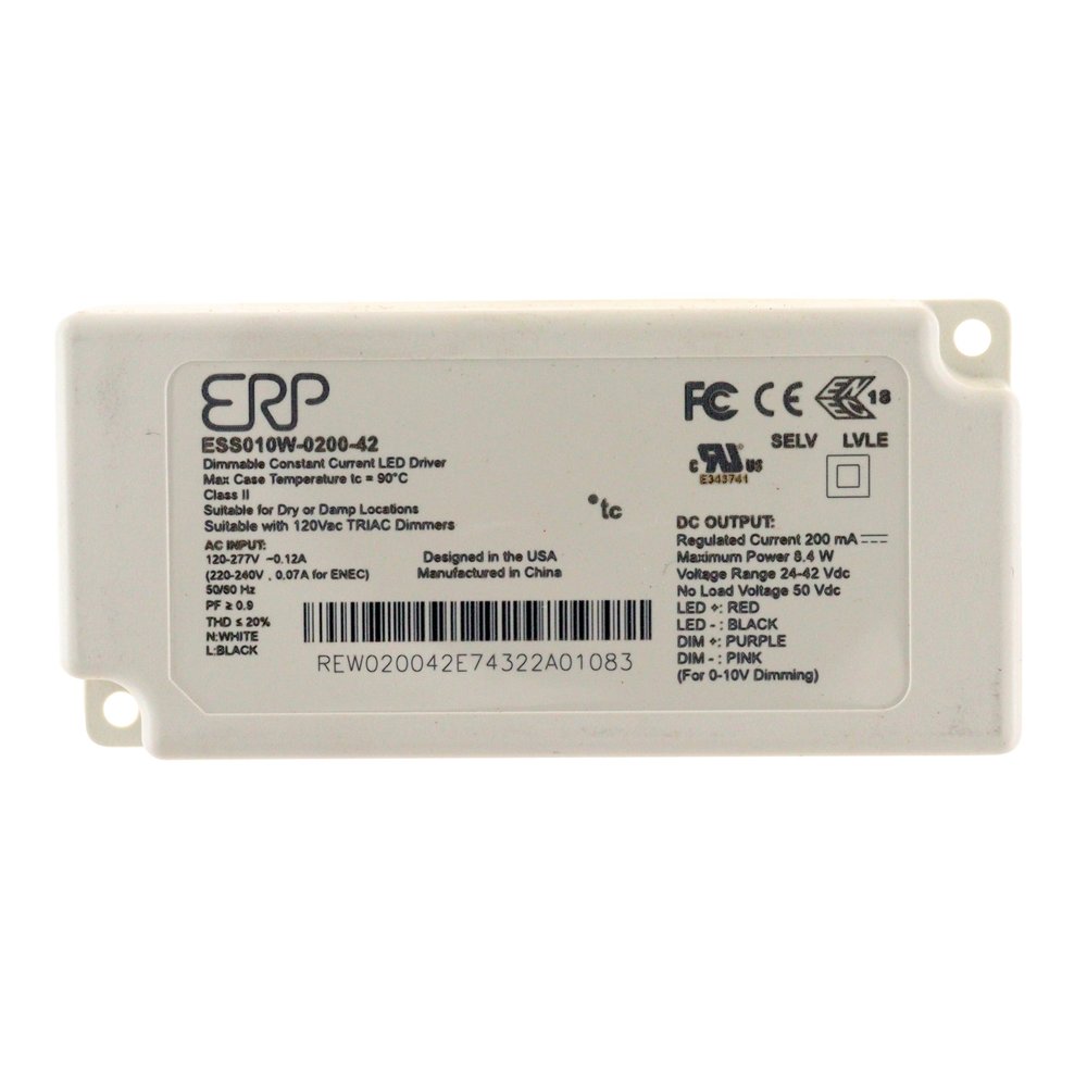 ERP ESS010W-0200-42 LED Power Supplies 120-277 Vac, 87% eff, Rectangular Plastic Case, Forward/Reverse Phase & 0-10V dimming, 1-100% dim Range, 8.4 W max, 200 mA Iout, 42 V max Vout