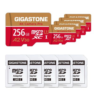 5-Years Data Recovery GIGASTONE 256GB Micro SD Card 5-Pack, 4K Camera Pro, A2 V30 for Smartphone, Gopro, ActionCams, 4K UHD Video, Nintendo-Switch, Up to 100MB/s, UHS-I U3 C10 with Adapters