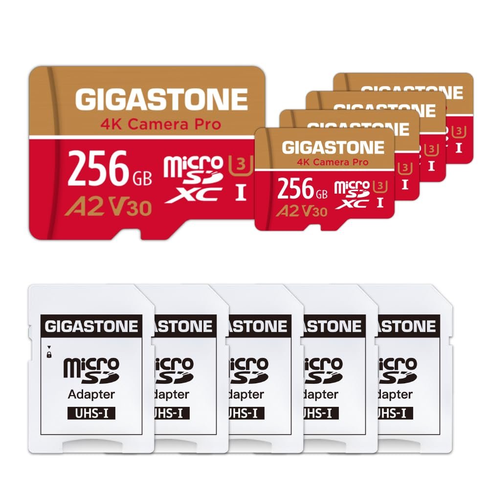 5-Years Data Recovery GIGASTONE 256GB Micro SD Card 5-Pack, 4K Camera Pro, A2 V30 for Smartphone, Gopro, ActionCams, 4K UHD Video, Nintendo-Switch, Up to 100MB/s, UHS-I U3 C10 with Adapters
