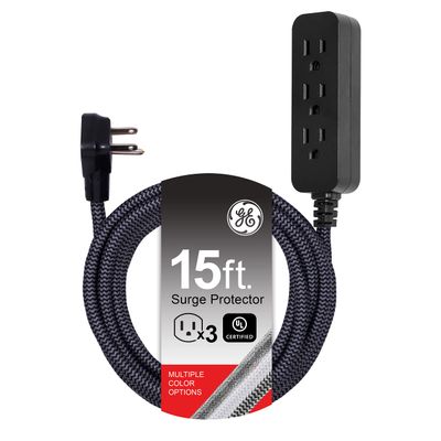 GE 3-Outlet Power Strip Surge Protector 15 Ft Braided Long Cord Extension Cord Surge Protector Power Strip Flat Plug Extension Cord 250 Joules ETL Listed Black 44237
