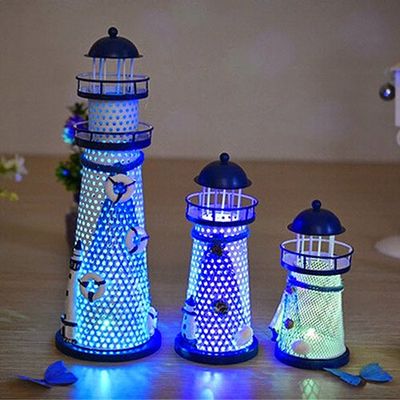 Baost 1Pc LED Lantern Night Light Lamp Metal Vintage Openwork Ocean Lighthouse Wedding Lamp Ornament Furnishing Maritime Crafts Beacon Mediterranean Style for Kids Bedside 185 mm