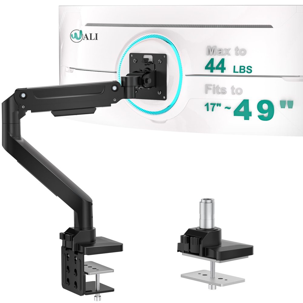 WALI Ultrawide Monitor Arm for 17-49 Inch Heavy Duty Curved Screens, Holds up to 44 Lbs, Adjustable Gas Spring Single Monitor Desk Mount with C-Clamp, Grommet Base, 75/100mm VESA, (GSM001XL), Black